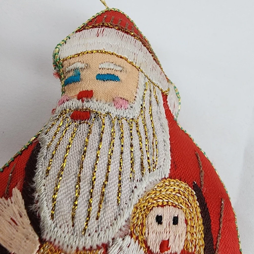 Old World Embroidered Stuffed Santa Ornament Gold Thread 6‎ In Christmas Holiday